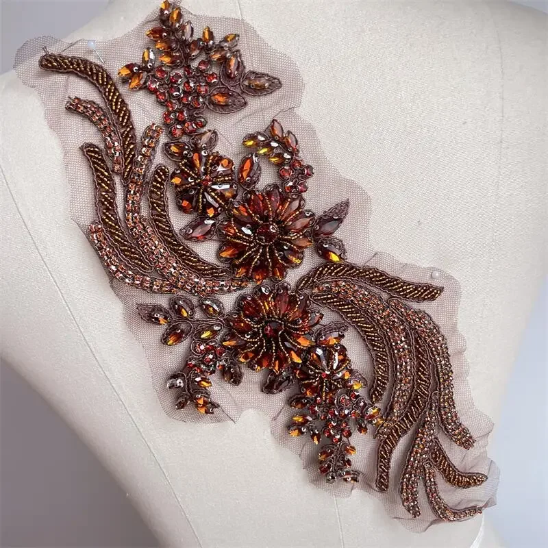 

New Multi-color Hand-sewn Glass Drill Mirror Flowers Sparkling Rhinestone Flower Waistbands Shoulders Wedding Dress DIY Patch