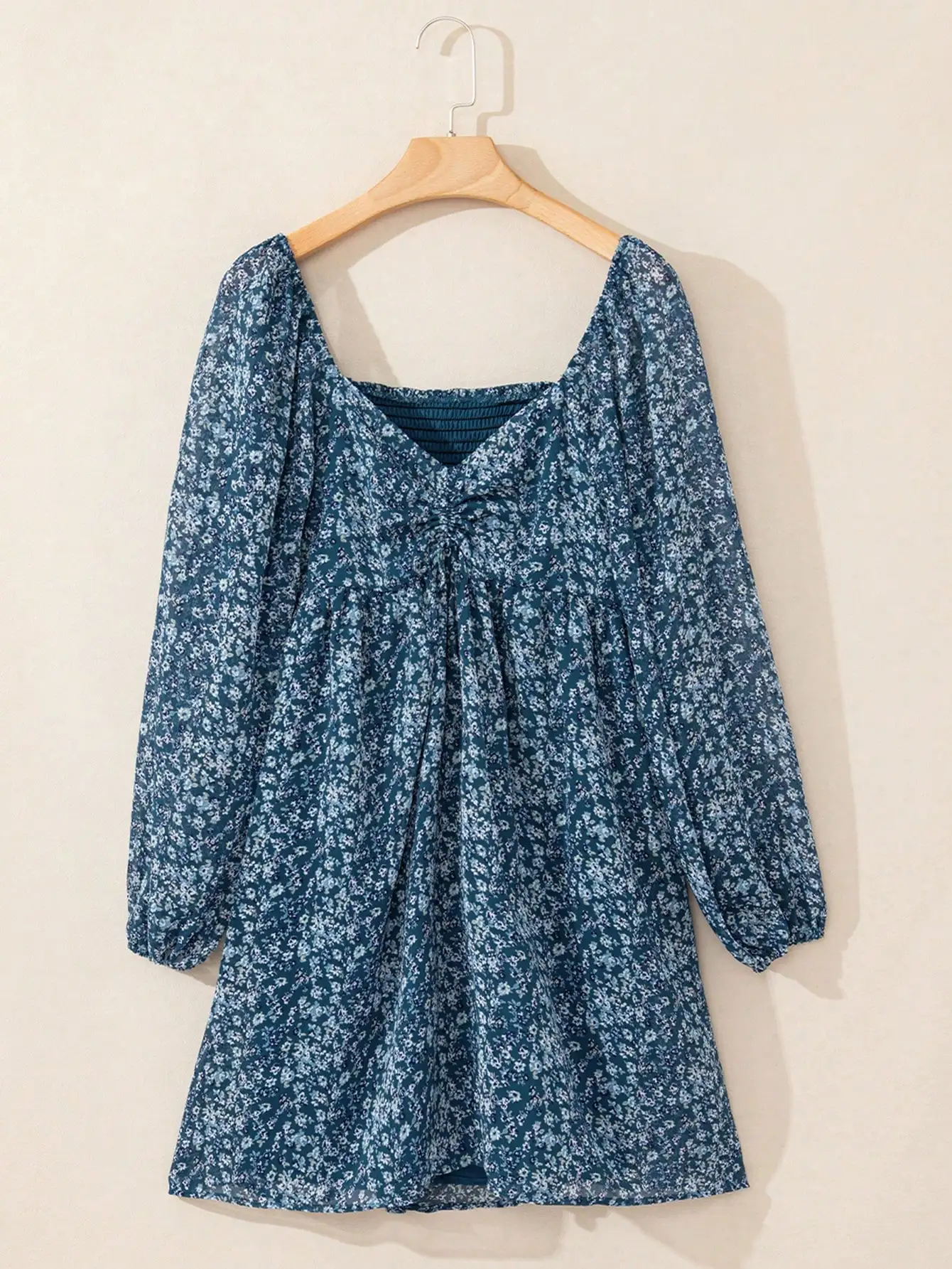 Acelitt Sommerkleid mit Ditsy-Blumenmuster und gerafftem Patchwork-Laternenärmeln vorne