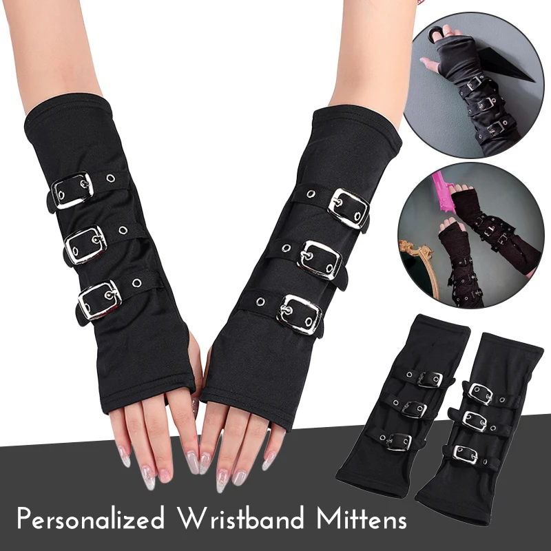 Unisex Steampunk Buckled Up Bondage Arm Warmers With Metal Buckle Straps Women\'s Black Gothic Style Fingerless Gloves