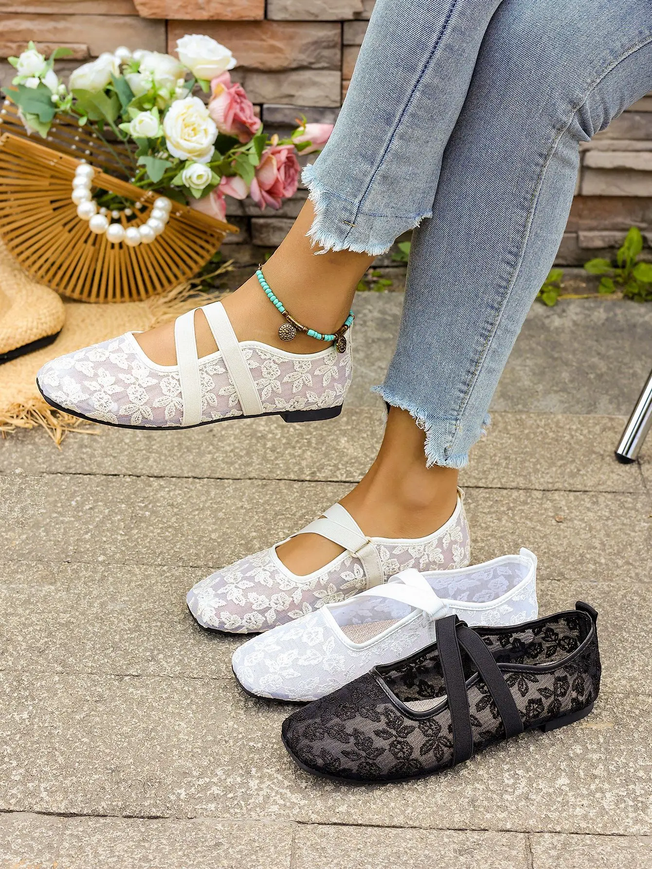 Plus Size Lace Flat Loafers for Women Summer New Mary Jane Shoes, Mesh Low-cut Slip-on Ladies Shoes
