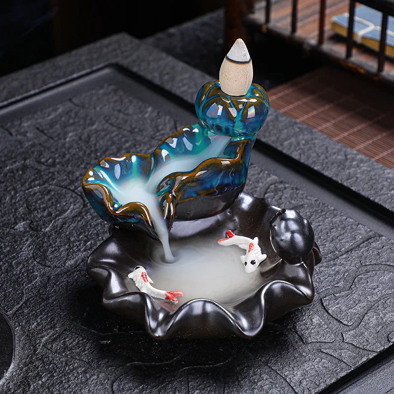 

Double Fish Flowing Back Incense Burner Creative Home Decor Waterfall Incense Ceramic Furnace Craft Lotus Incense Burner