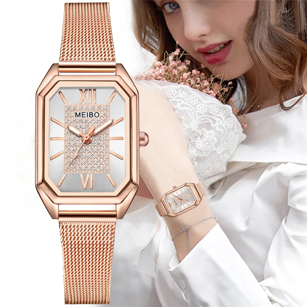 New Fashion Women Thin Rosy Gold Casual Quartz Watch Ladies Metal Mesh Stainless Steel Bracelet Watches Relogio Feminino Clock