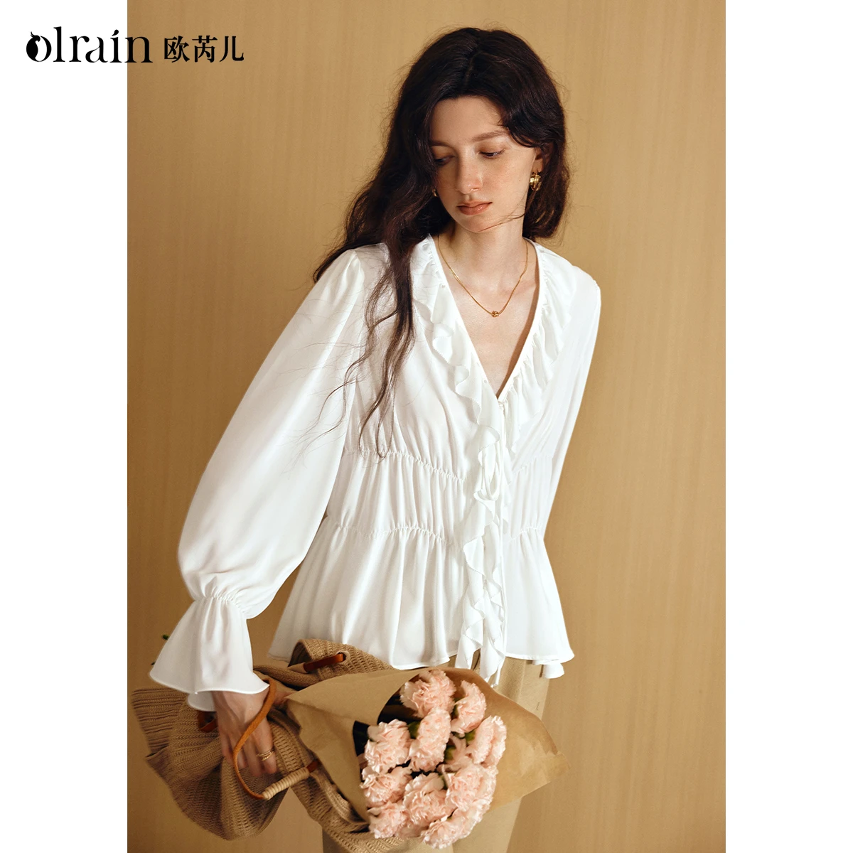

OLrain Women's Romantic Long Sleeve Shirts Autumn 2025 New French Ruffle V-neck Shirt Female Solid Chiffon Blouse O57QX001638