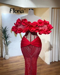 Aso Ebi Vestidos Para Mujer Elegantes Para Boda Luxury Red Prom Dresses 3D Ruffled Boat Neck Wedding Party Dresses 2024 Custom