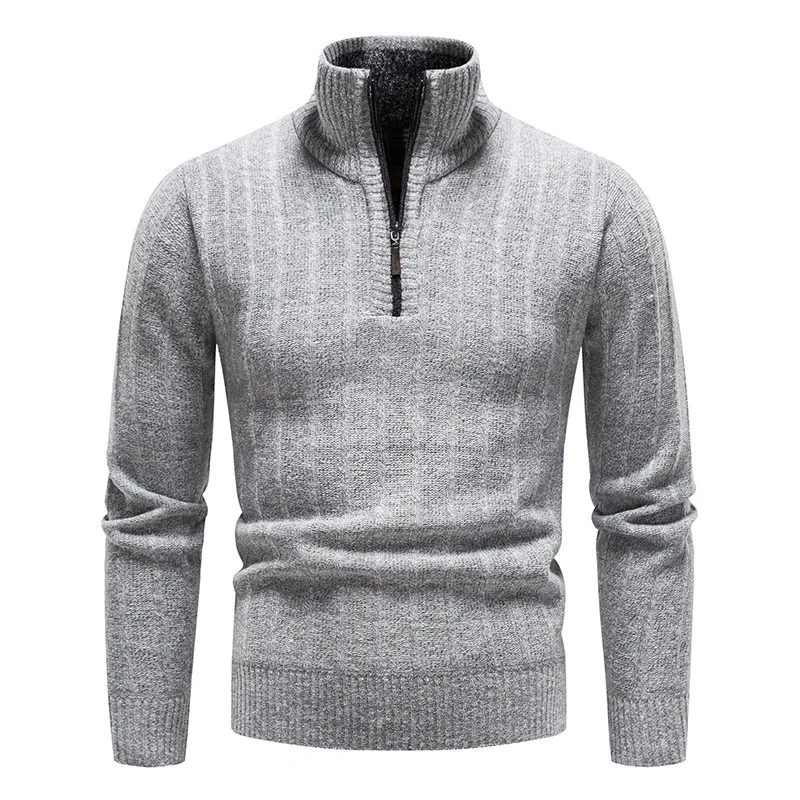 

European American Autumn and Winter New 's Stand Collar Pullover Business Striped with Fleece Sweater Men