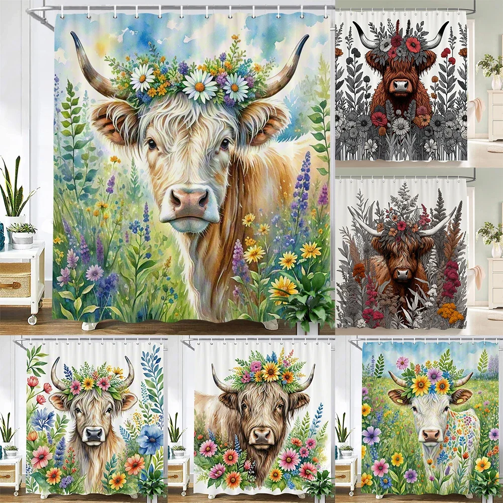 

watercolor plants and highland cow animal shower curtain Print polyester waterproof bathroom curtains with hook decorate curtain