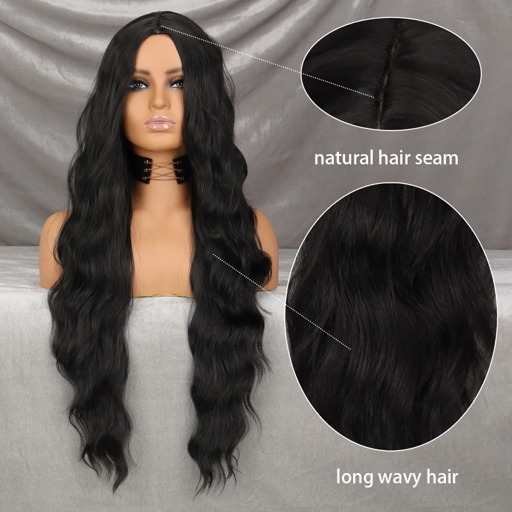 WERD Long Wavy Black Synthetic Wig Women\'s Heat-Resistant Natural Half Part Cosplay Party Lolita Wig