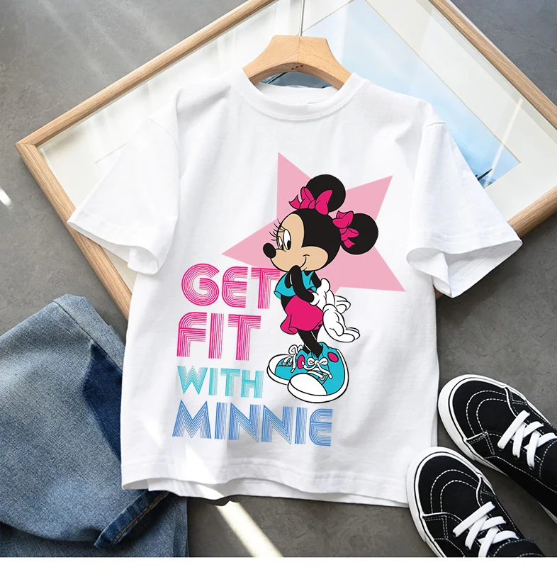 Disney Mickey Minnie Mouse T-shirt Cotton Short Sleeve Tees Cute Anime Boys Girls Clothes Fashion Hip Hop Tops Cartoon Toddler