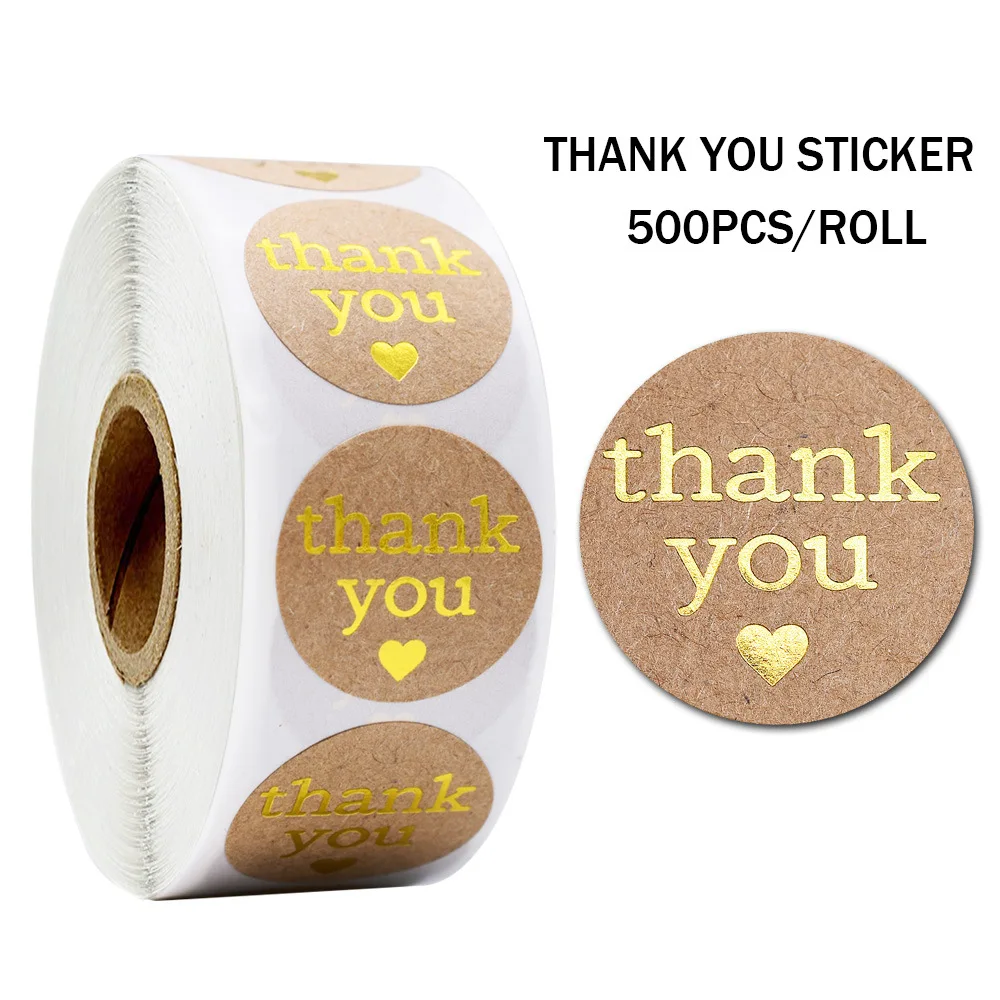 Round Thank You Stickers With Heart 1inch 100-500pcs Gold Foil Label Stickers Gift Packaging Seals Kraft Stationery Sticker