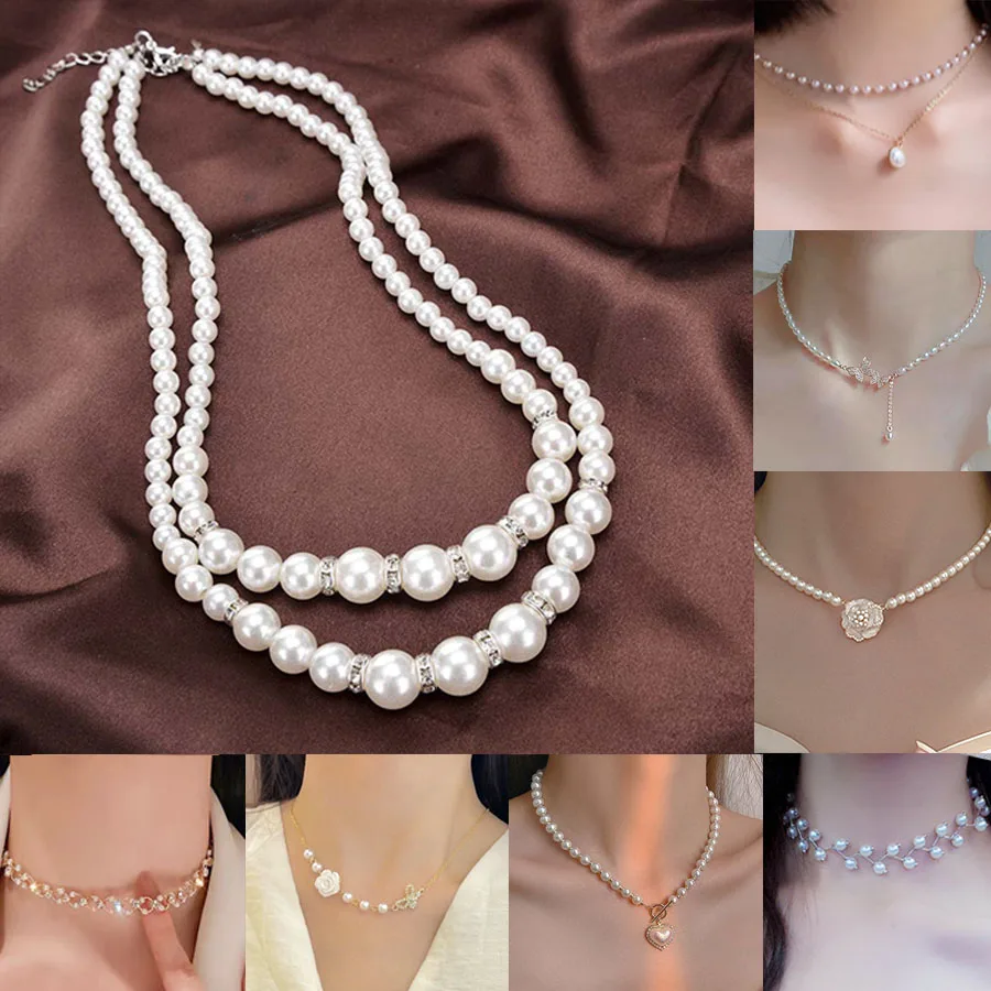 

Korean Double Layer Pearl Choker Necklace For Women Silver Gold Color Necklaces & Pendants Jewelry Charm Jewellery Collier Femme