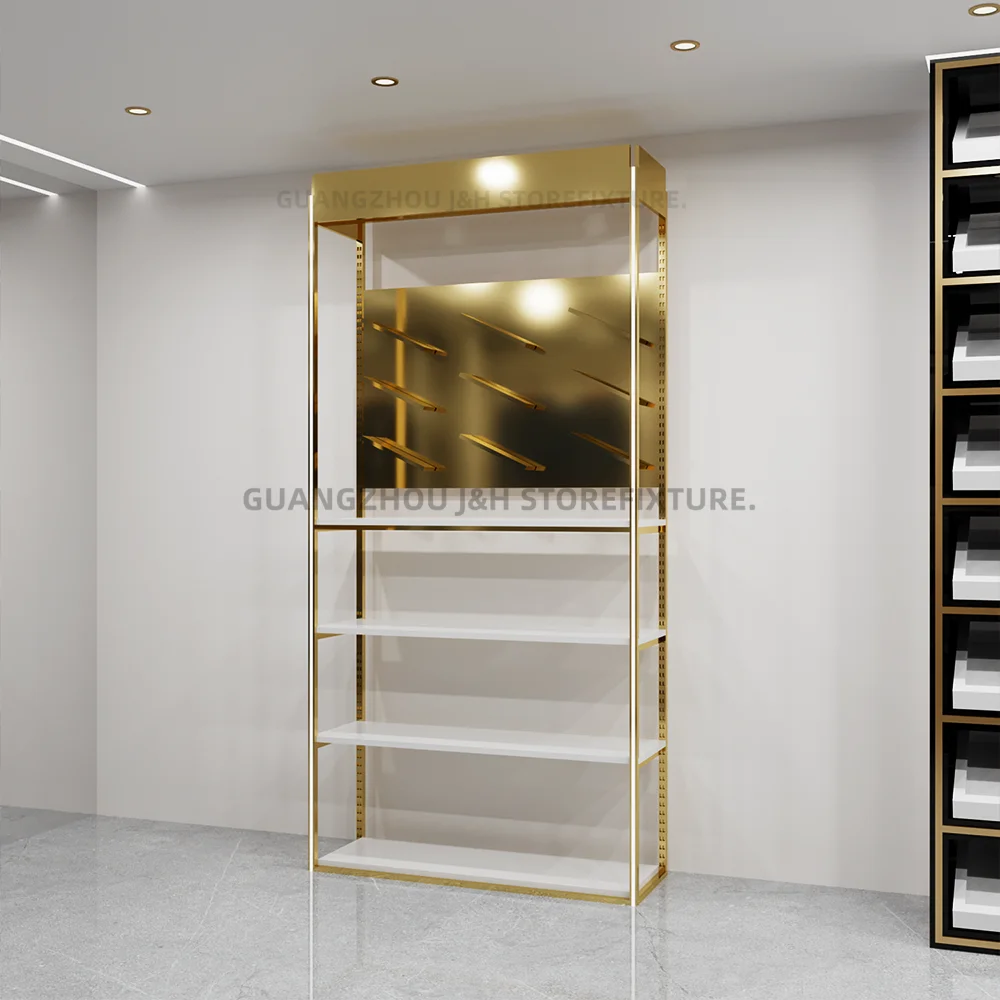 Personalizzato.Personalizzato.Sneaker Wall Rack Espositore per scarpe verticale Scaffale per scarpe in metallo in acciaio inossidabile dorato Logo personalizzato Sho durevole