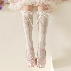 Girls Kids Geometric Retro Bowknot Long Kawaii Socks Princess Sweet Baby Over Knee High Sock Lovely Hollow Mesh Lolita Stockings