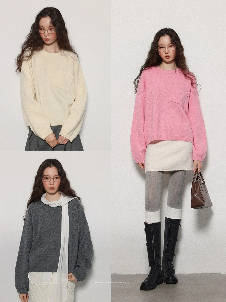 

Lalaglow Women's Slimming Pure Color Woolen Sweater Casual Spring Autumn Casual Sle with ket round Ne Long Sve Top