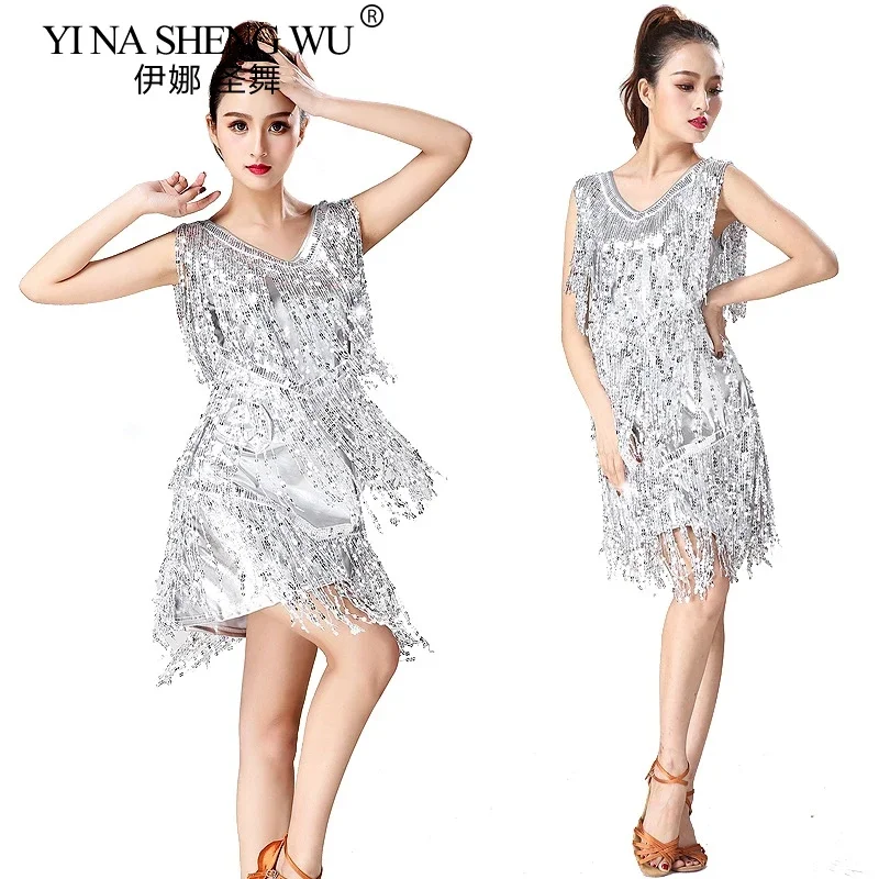 Abito da donna con frange con paillettes Abito da ballo latino senza maniche lucido Tango Samba Costume da ballo per sala da ballo Jazz Salsa Party Wear