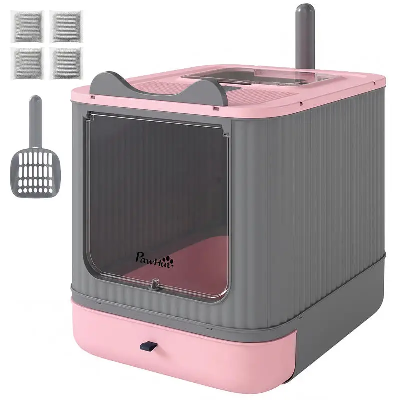 

PawHut Cat Litter Box with Lid, Enclosed Litter Box for Medium Cats, Front-Entry and Top-Exit, Scoop, Deodorizer Bag, Pink