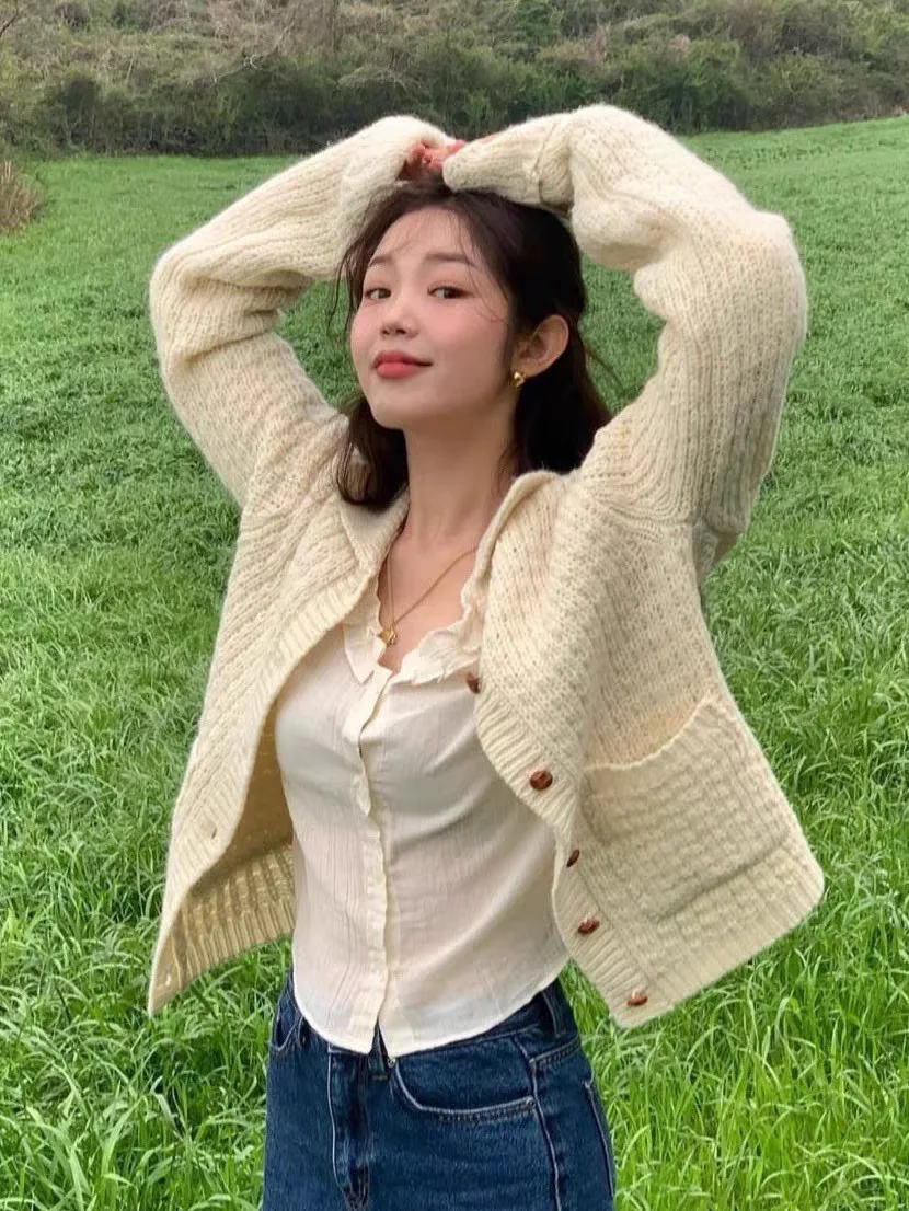 سترة Kim Ji Hyun المحبوكة المكتنزة المفتوحة سترة كلاسيكية فضفاضة وناعمة كسول سترة نسائية خريفية طويلة Sve ولكن... #5