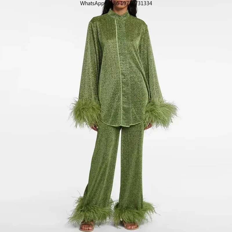 Style Women Elegant Feathers Decoration Sets Spring Stand Collar Button Blouse Shirts Wide Leg Pants Outfits Solid Fall Suit Y2k