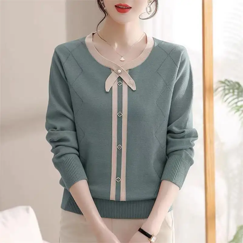 Fashion Elegant Solid Spliced Knitted Tops Autumn Winter Women's Clothing All-match Simplicity Long Sleeve Sweaters for Female