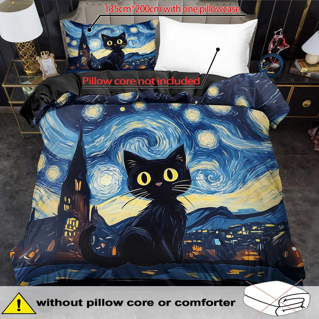 Black Cat Print Duvet Cover Set King Queen Style Bedding Set Polyester Machine Washable Quilt Decoration Bedroom Guest Room