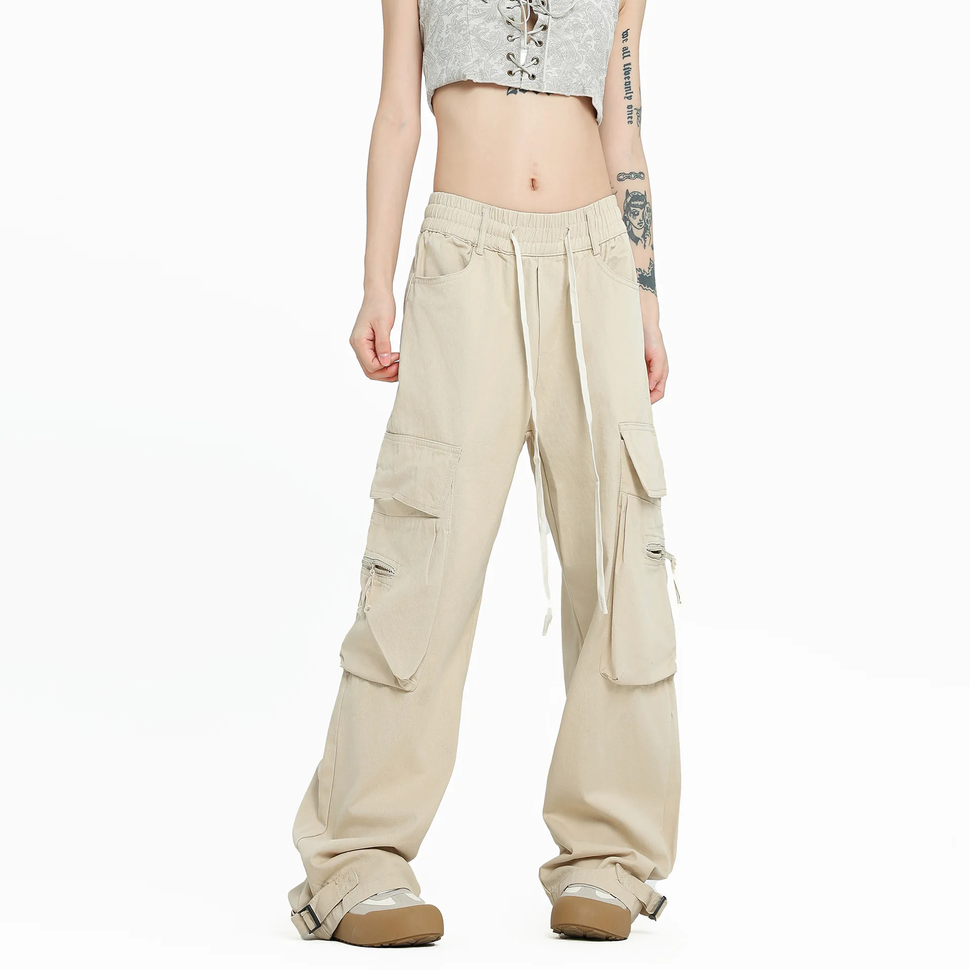 OR FL American Retro 100 Cotton Women Staraight Cargo Trousers Trendy Brand Baggy Pull Rope Self-cultivation Wide Leg Pants Y2k
