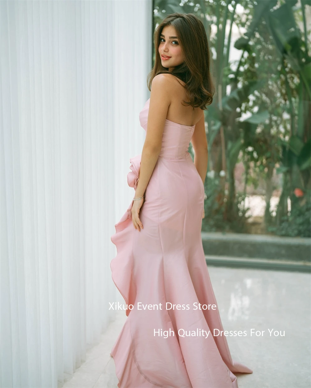 Xikuo فساتين حفلات أنيقة من الساتان الوردي حورية البحر زهور ثلاثية الأبعاد للحفلات فيستدوس بارا إيفينتوس على شكل قلب مطوي فساتين سهرة مخصصة