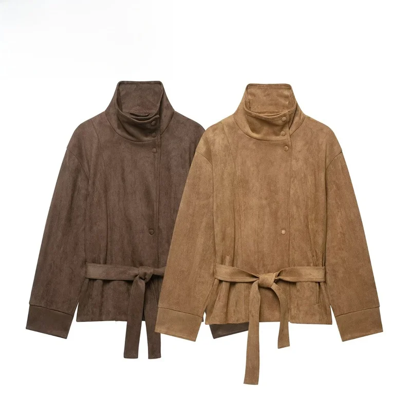 Fashionable Velvet Texture Coat for Women with Belt Autumn Season Long Sleeve Standard Fit European Style Polyester Fiber