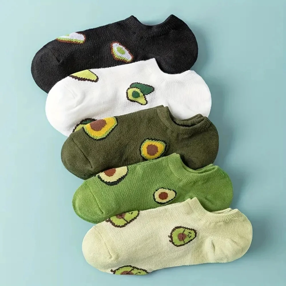 5 Pairs Avocado Crew Ankle Socks Cartoon Fresh Fashion Breathable Summer And Autumn Kawaii Comforts Women\'s Low Cut Boat Socks