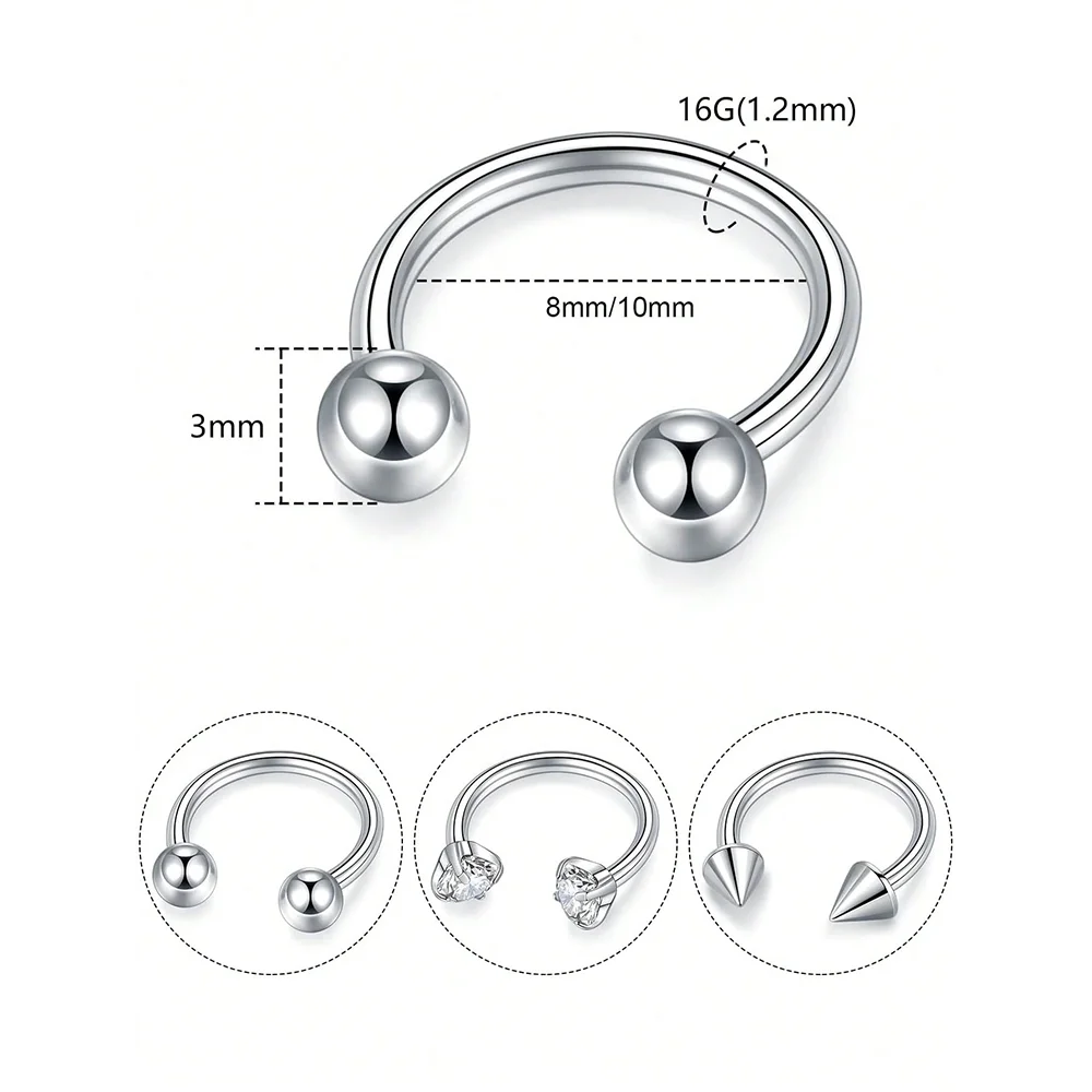 3pcs Septum Horseshoe Nose Rings 16G, Stainless Steel Nose Ring Hoops, Internally Threaded Daith Tragus Piercing Jewelry