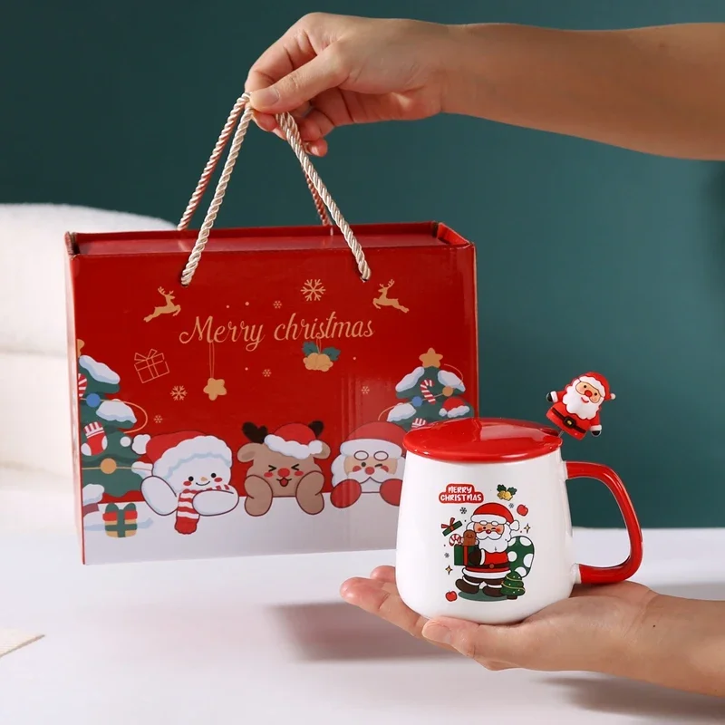 Cute Ceramic Mug with Lid and Spoon - High-value Santa Claus and Reindeer Pattern Coffee Mug Customised Christmas Gift Souvenir