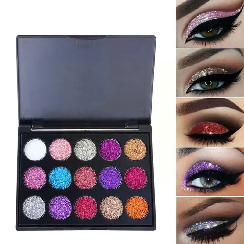 Paleta de sombras de ojos con lentejuelas de diamante, 15 colores, brillo de escenario, polvo de ojos, paleta de maquillaje de ojos, sombra de ojos Shado de alto brillo L4z7