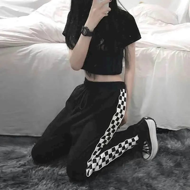 Black Pants Women\'s Pants Korean Fashion Sport LOOSE Trousers Checkerboard Side Clothes Streetwear Women Full Length Sweatpants