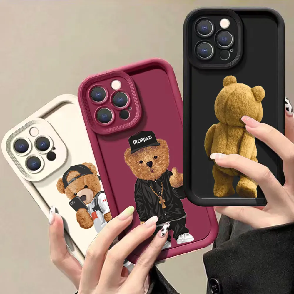 Fashion Cartoon Teddy Bear Phone Case For iPhone 15 14 13 12 11 Pro Max 8 7 Plus X SE XS Max Liquid Eye Ladder Shockproof Cover