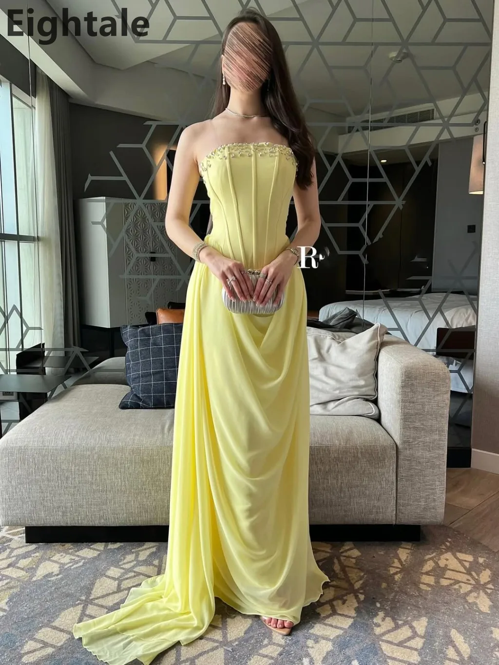 Eightale 2025 vestido de noche largo sin tirantes con cuentas de gasa amarilla vestido de fiesta de graduación árabe saudí vestidos formales personalizados