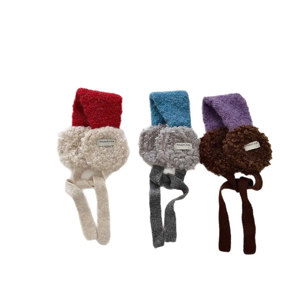 

Зимние модные детские наушники из овечьей шерсти с цветным сочетанием для мальчиков и девочек, зимние утолщенные теплые велосипедные наушники на шнуровке