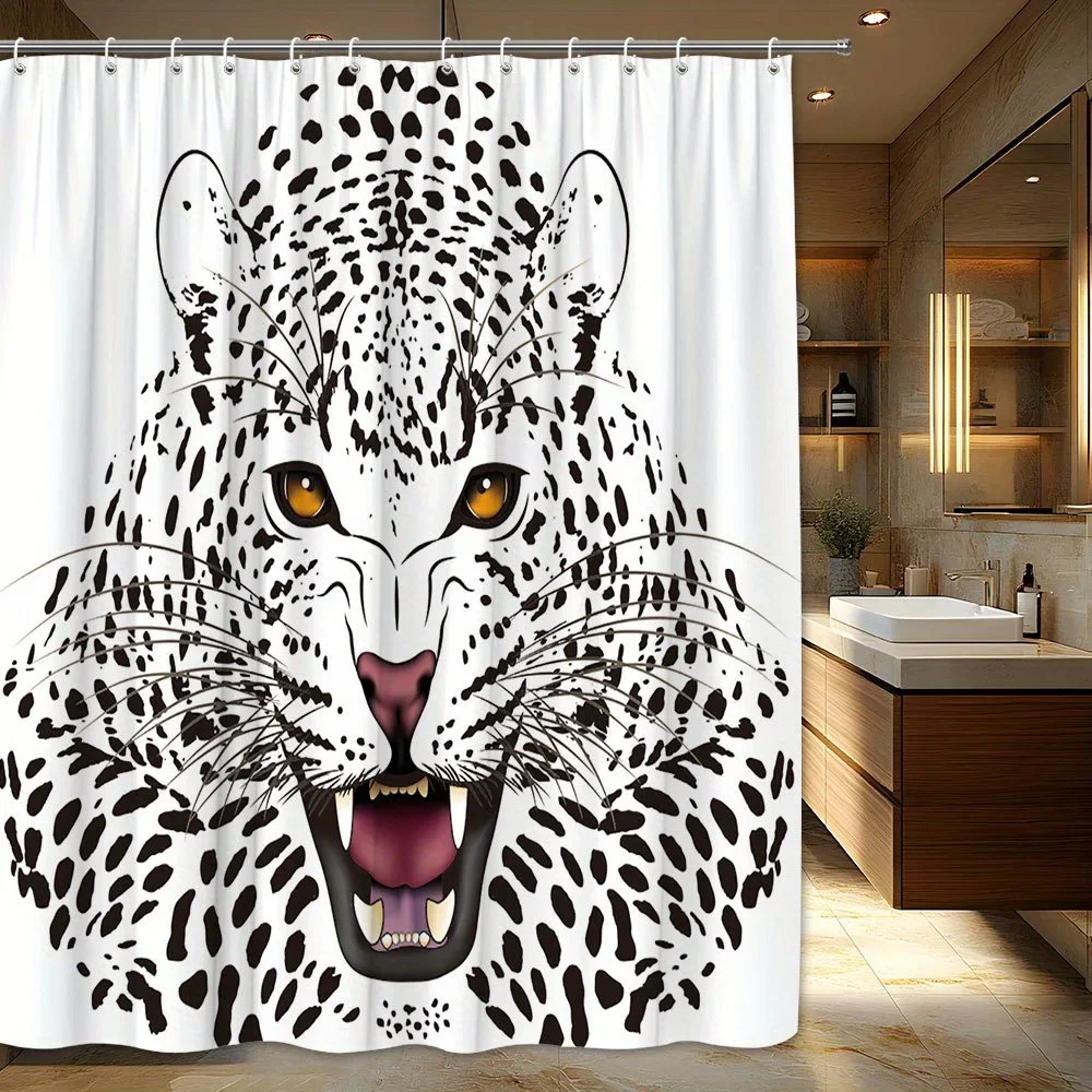

Занавеска для душа с жестоким леопардовым лицом и 12 крючками — яркий белый леопардовый принт, черные пятна и янтарные глаза.