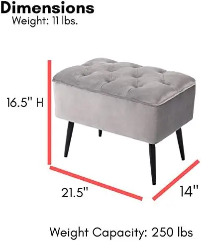 Tufted Rectangle Grey Ottoman \u2013 Velvet Foot Stool \u2013 Mid Century Modern Steel Legs - Soft Compact Padded Stool - Living