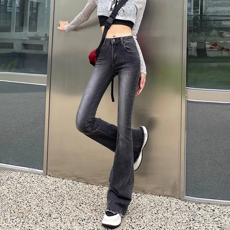 High-waisted micro flare jeans female spring new burlap design versatile elastic tight thin horseshoe pants tide