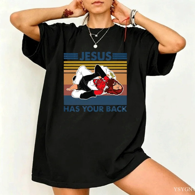 Jiu Jitsu Jesus Has Your Back Funny Christian Gift Vintage Men's T-Shirt Black Tops Summer Cotton Shirt Short Sleeve Streetwear