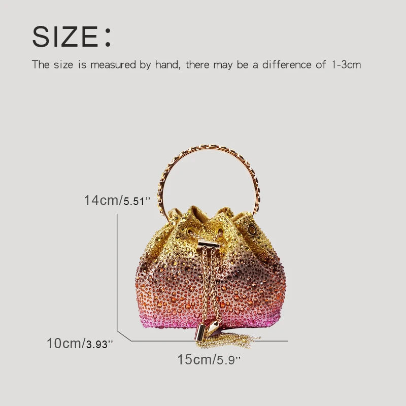 Mini Bucket Evening Bags For Women Luxury Designer Handbag Purse 2024 New In Shiny Imitation Diamond Tassel Chain Strap Shoulder