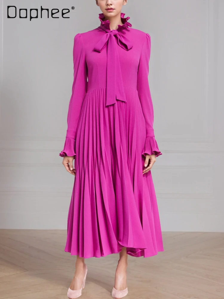 Vestido rojo rosa Vintage de gama alta para mujer, vestidos de noche elegantes con temperamento, vestido largo de manga larga con cuello redondo y volantes de lujo ligero