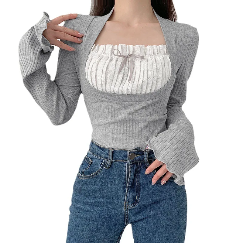 2023 New Fashion Pure Desire Ballet Style Spliced Folded Lace Edge Tight Pullover Long Sleeve Bottom T-shirt