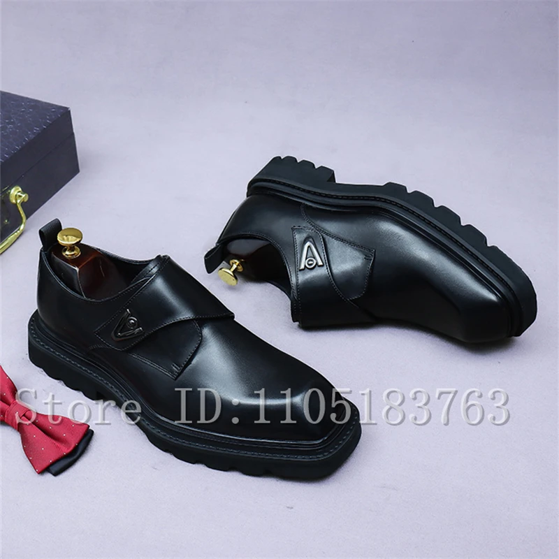 Cowhide Thick Soled Men Business Shoes Square Toe Metal Buckle Genuine Leather Height Increasing Wedding Party Dress Shoes