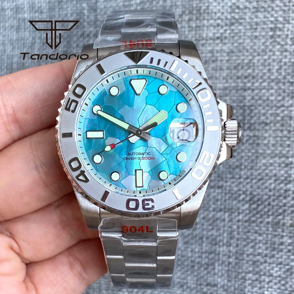 Tandorio Nh35a 40Mm Mode 20bar Heren Duik Automatisch Polshorloge Groenachtig Blauw Mop Wijzerplaat Roterende Bezel Saffier Lichtgevende Datum - afbeelding 1