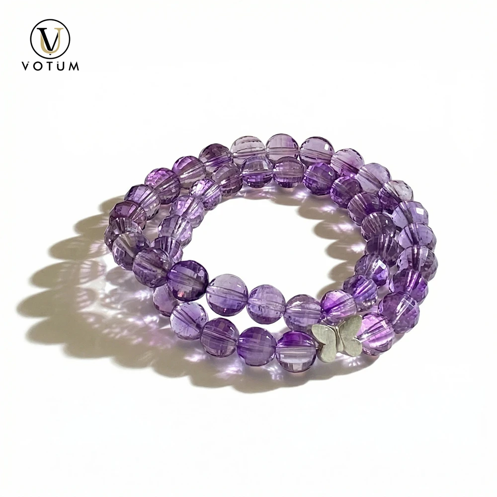 

Браслет Votum из натурального аметиста 8 мм с гранями, с подвеской-бабочкой, для женщин, с камнем рождения, фиолетовый, из кристаллического кварца, бусины, ювелирные изделия
