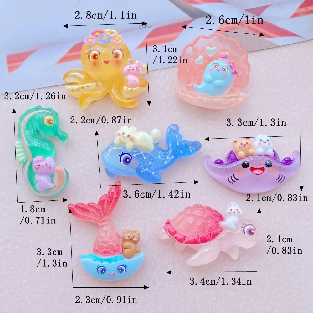 7PCS New Models Colorful Cartoon Turtle, Seahorse, Whale Ocean Series Resin Scrapbook DIY Jewelry Hairpin Headrope Decoration