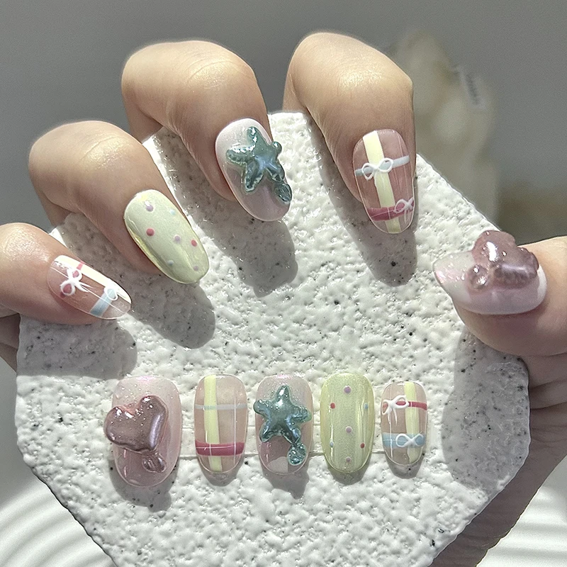 

10 Pieces Summer Vitality Dopamine Handmade Press On Nails Balloon Heart Star Sweet and Cute False Nails Removable and Reusable
