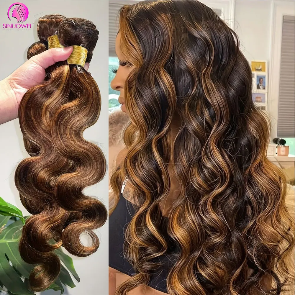 30 32 Zoll Highlight Body Wave Bundle 100 % Echthaar Bündel P4/27 Honigbraun Brasilianisches Haarbündel 1 3 4 Remy Haarbündel