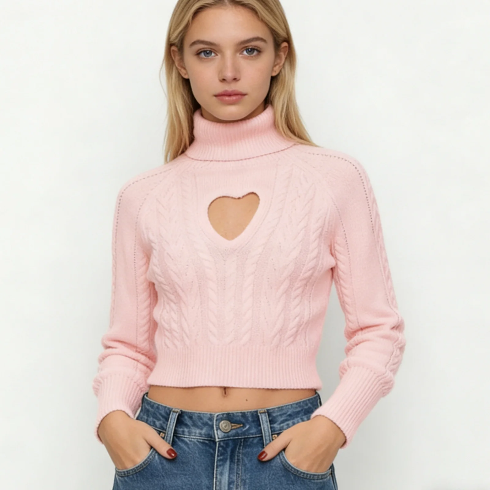 

Женские осенне-зимние пуловеры, вязаный свитер ко Дню святого Валентина, с длинным рукавом, высоким воротом, с вырезом в форме сердца, трикотажные топы