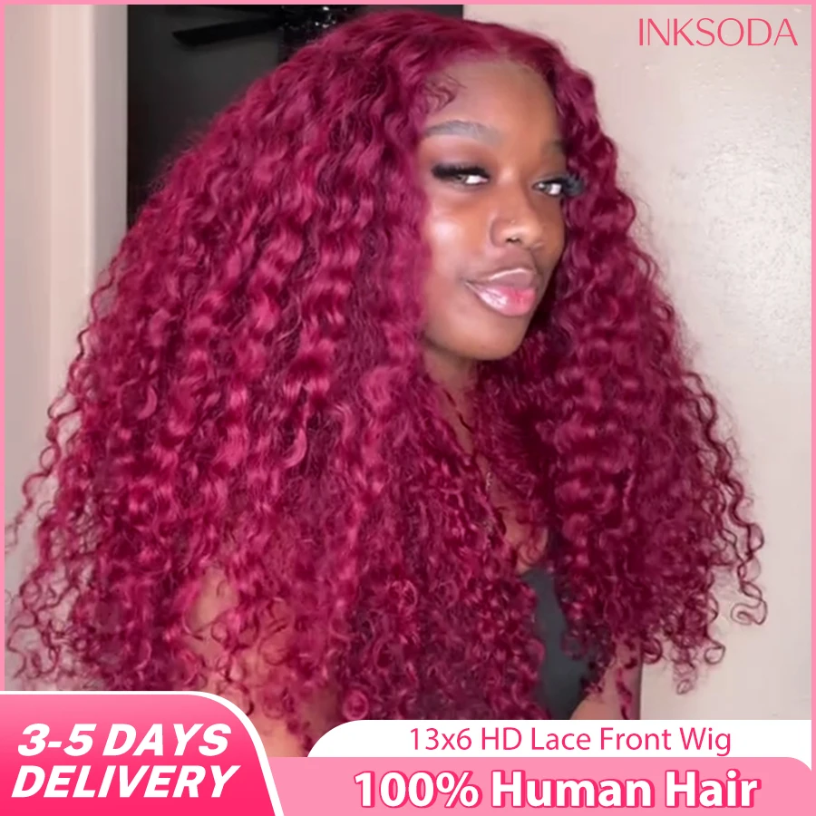 

99j Colored Deep Wave 13x6 HD Transparent Front Wig Burgundy Curly 13x4 Lace Frontal Human Hair Wigs Preplucked For Women 220%