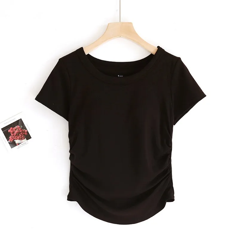 Women\'s T-Shirts Solid Color Short Sleeve With Padded Bust Wireless Base Layer Tops Slim Ruched Soft Female Outwear Sleep Tops